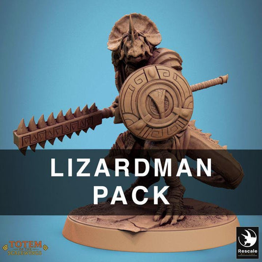 Pack Lizardman Grimscale with Shield - 3D / Fantasía / El Señor de los Anillos / Dragones y Mazmorras / Pathfinder / DND / Miniatura