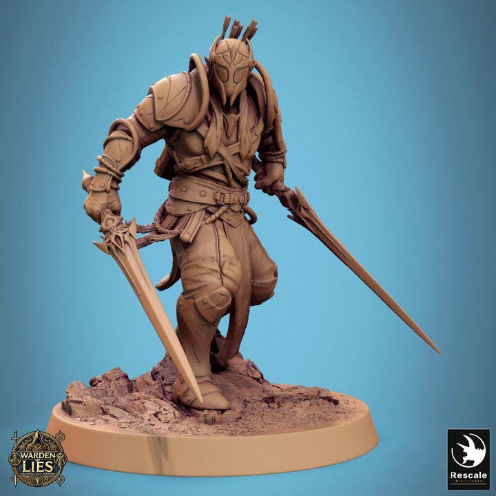 Moon Elf Sentinel with Swords – Resin miniatures pack, 32 mm
