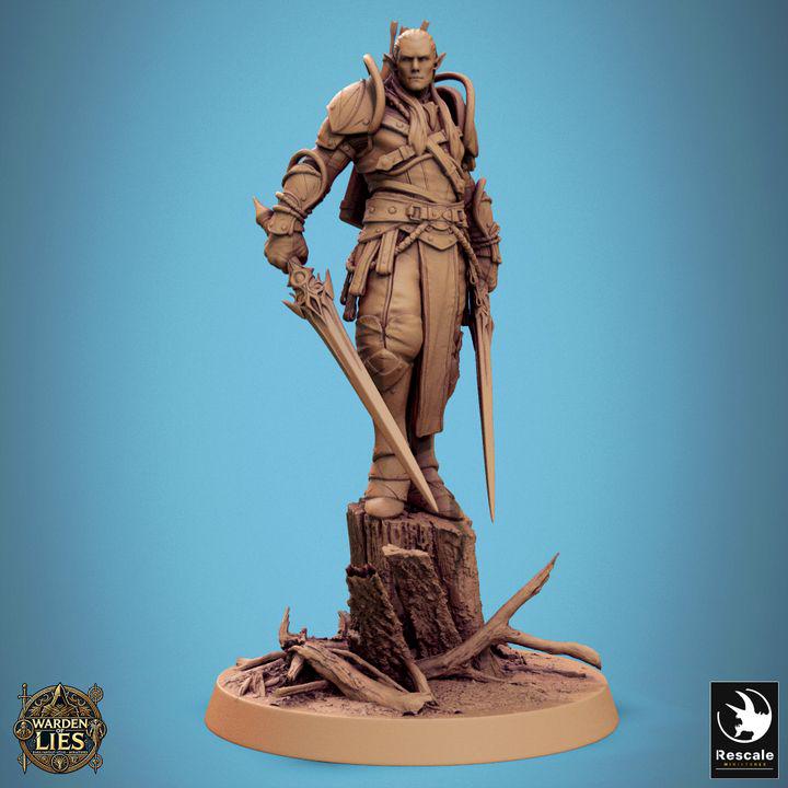 Moon Elf Sentinel with Swords – Resin miniatures pack, 32 mm
