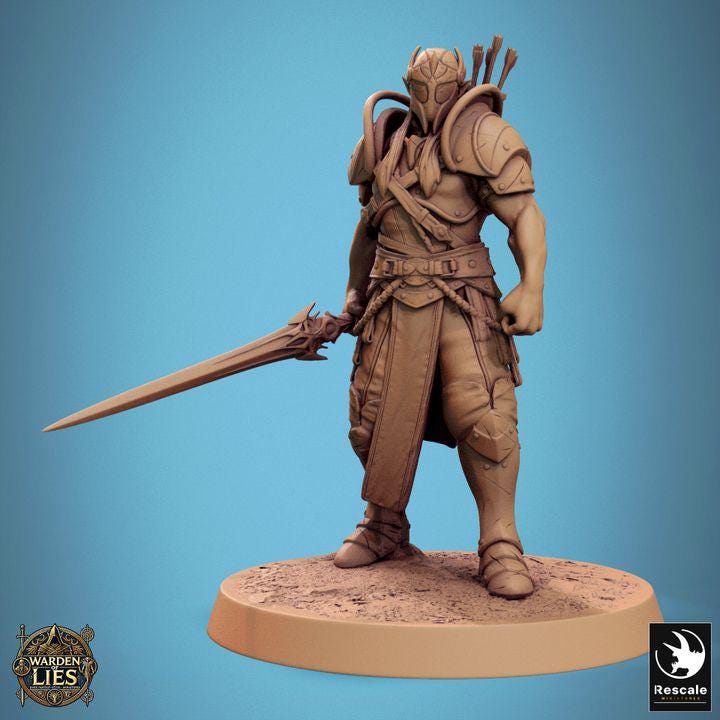 Moon Elf Sentinel with Swords – Resin miniatures pack, 32 mm