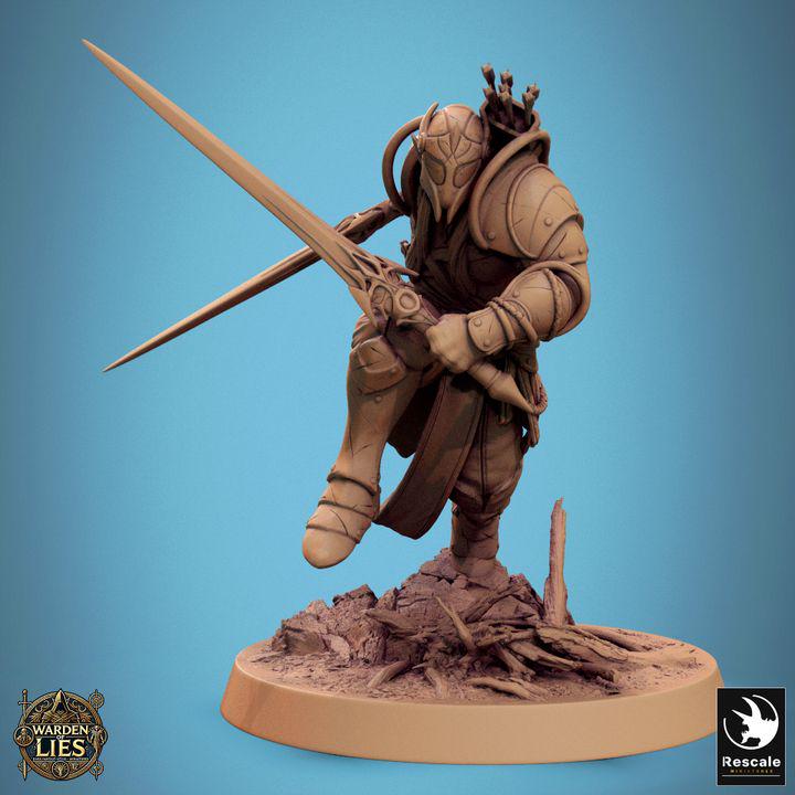 Moon Elf Sentinel with Swords – Resin miniatures pack, 32 mm