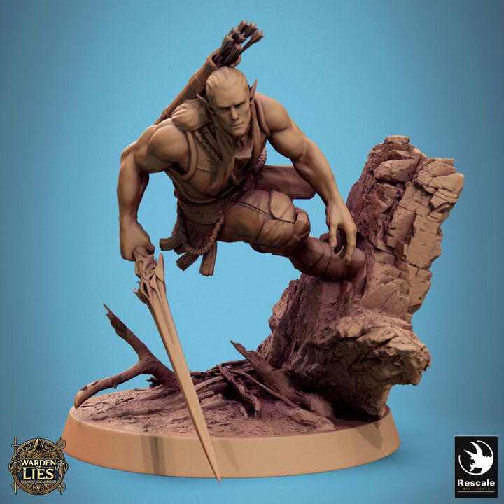 Moon Elf Sentinel with Swords – Resin miniatures pack, 32 mm