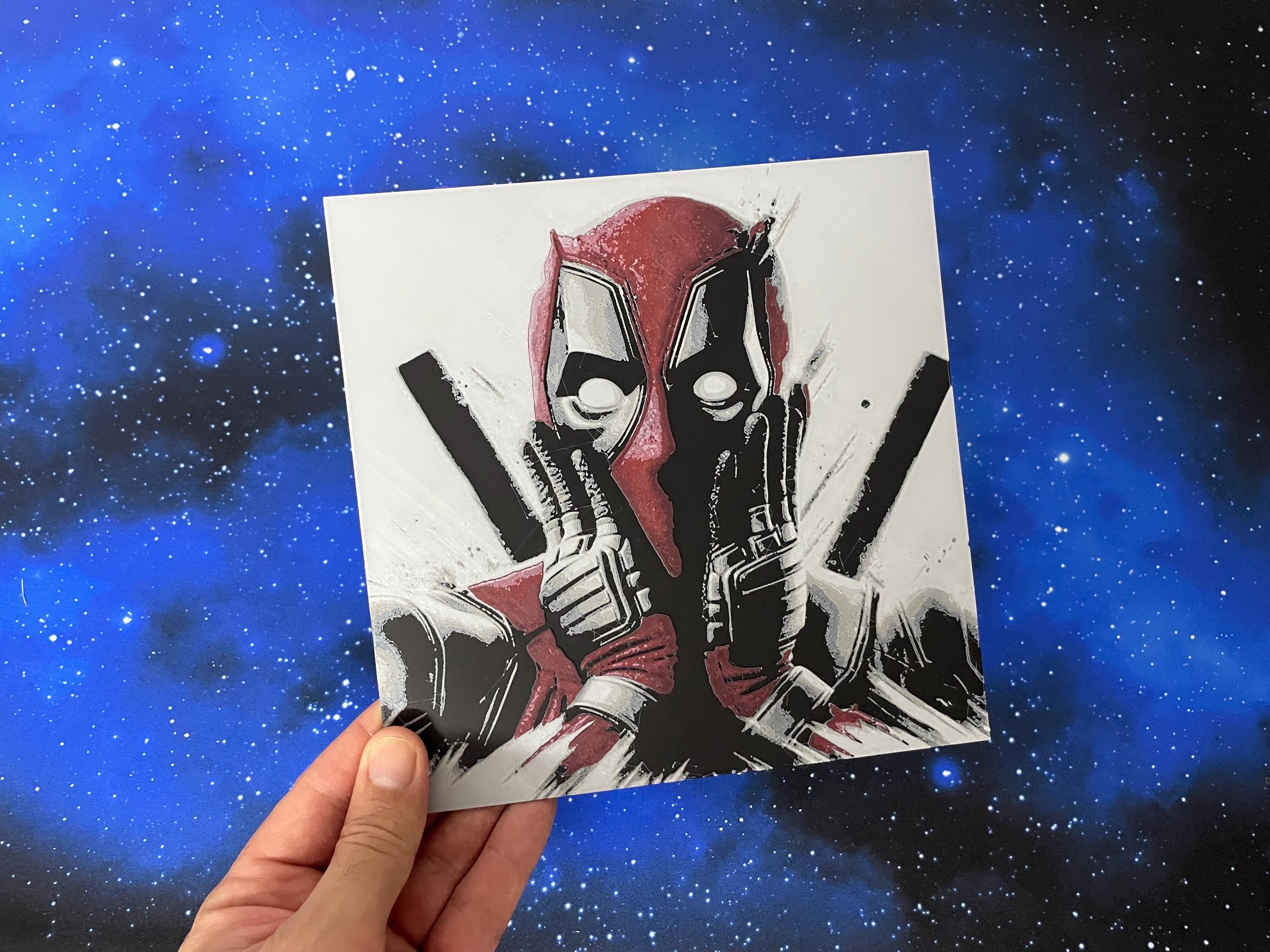 Placa decorativa Deadpool - Hueforge / 3D / cine / collage / decoración – Pieza decorativa impresa en 3D